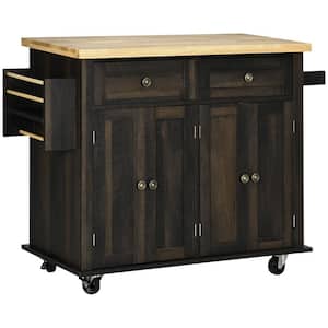 Rolling Brown Oak Rubberwood Top 44 in. Kitchen Island with Drawers and Adjustable Shelves