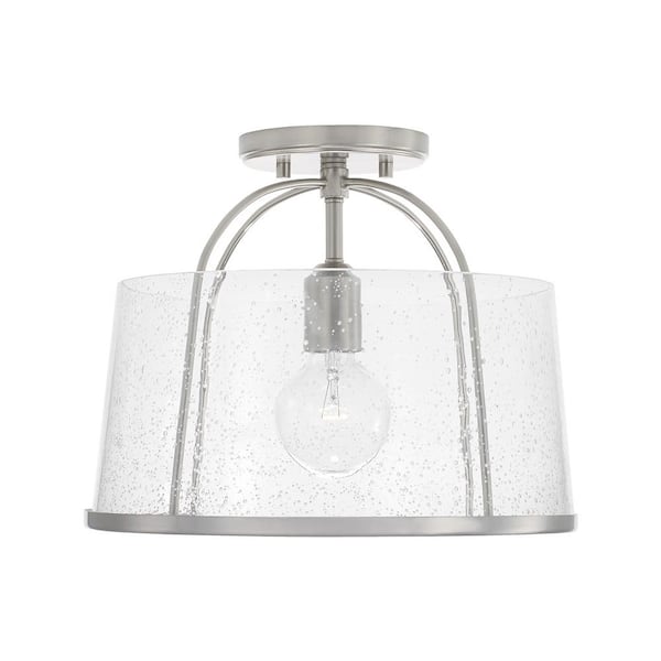 HOMEPLACE LIGHTING Madison 13 in. 1-Light Brushed Nickel Transitional Semi Flush Mount With Clear Seeded Glass Shade and No Bulbs Included