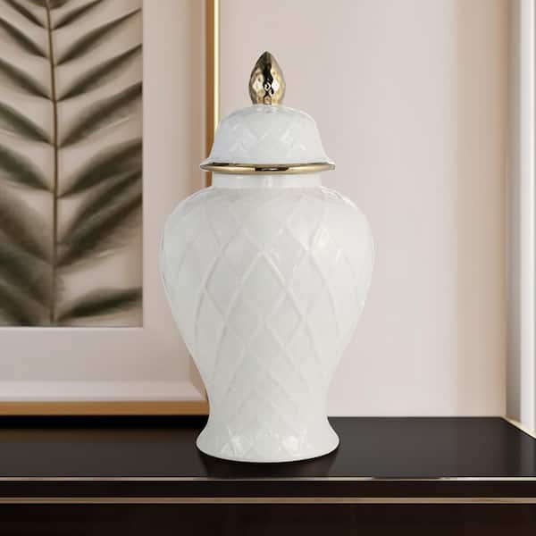 20 in. White/Gold Ceramic Rope Temple Jar