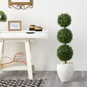 3.5 ft. Indoor/Outdoor Boxwood Triple Ball Topiary Artificial Tree in White Planter