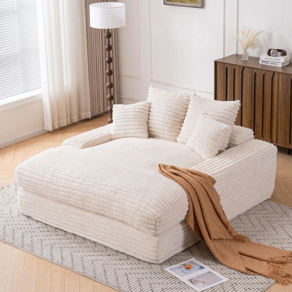 Iron 65.75 in. Beige Corduroy Upholstered Queen Size Sleeper Sofa Bed, Chaise Lounge Chair with 4 Pillows and Armrests price history on PriceWatchPro
