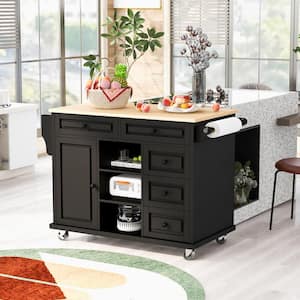 Black Rubber Wood Desktop 52.8 in. W Kitchen Island on 5-Wheels with Adjustable Shelves and 5-Drawers