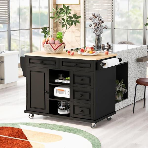 Unbranded Black Rubber Wood Desktop 52.8 in. W Kitchen Island on 5-Wheels with Adjustable Shelves and 5-Drawers