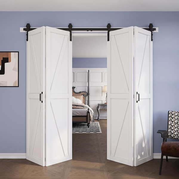 80 in. x 84 in. Assembled Bi-Fold K Shape White Primed DIY Available Solid Core MDF Sliding Barn Door with Hardware Kit