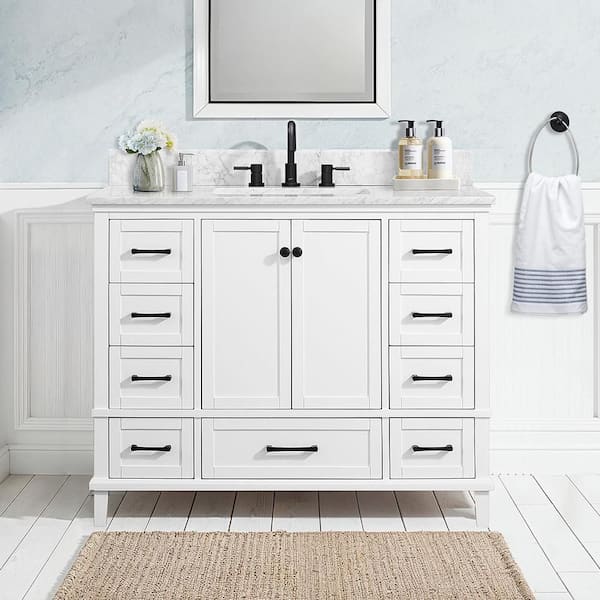 Merryfield 43 in. Single Sink White Bath Vanity with White Carrara Marble Top (Assembled)