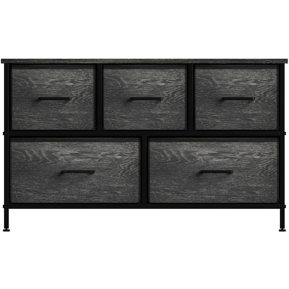 Black Fabric and Wood 5-Drawer Horizontal Dresser
