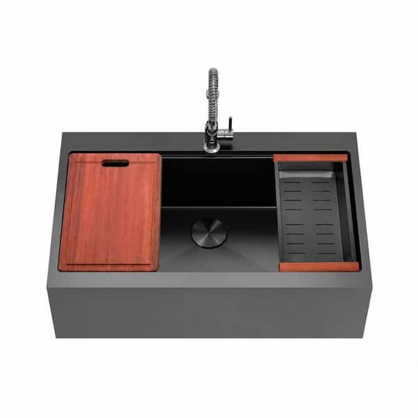 33 in. Topmount Single Bowl 16-Gauge Black Stainless Steel Farmhouse Apron-Front Sink with Accessory Kit
