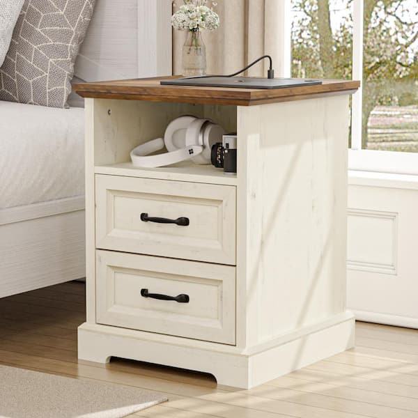 Hommpa Farmhouse White/Brown 2-Drawer 17.7 in. W Nightstand with Charging Station and Open Shelf
