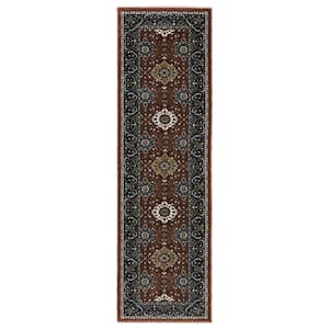 Victoria Red/Navy 2 ft. x 8 ft. Oriental Panel Medallion Polyester Fringed-Edge Indoor Runner Area Rug