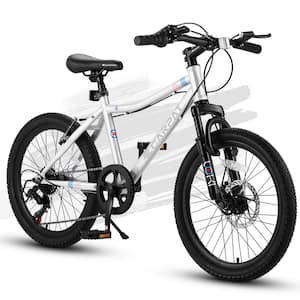 20 in. 7 Speed Montain Bike in White with Front Suspension Disc U Brake for Boys and Girls