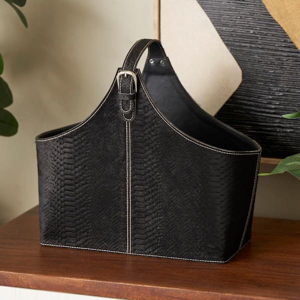 Litton Lane Black Handmade Box Style Standing Magazine Holder with Detail Stitching and Curved Buckle Handles