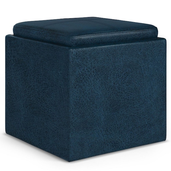 Simpli Home Rockwood Distressed Dark Blue Cube Storage Ottoman with Tray