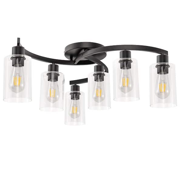 Emeritpro 6-Light 20.5 in. Black Industrial Semi-Flush Mount Ceiling Light with Clear Glass Shades for Hallway