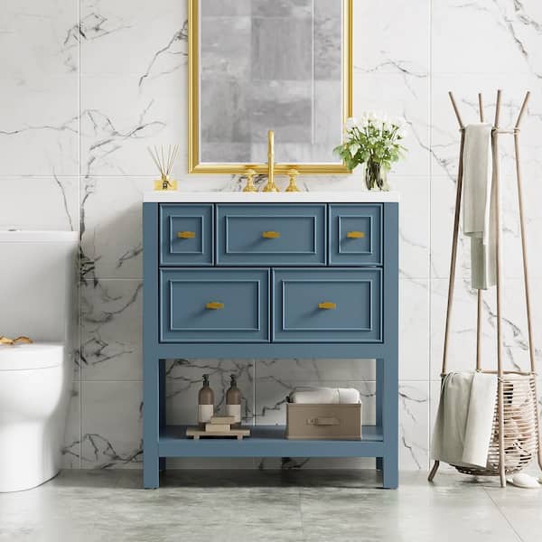 30 in. W x 18 in. D x 34 in. H Single Sink Freestanding Bath Vanity in Blue with White Ceramic Top