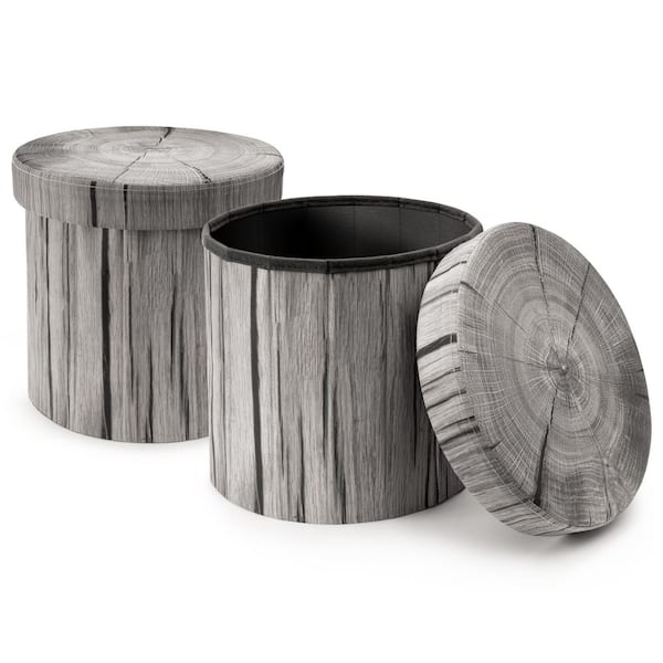 Tree Stump Stool Wood Gray Side Chair, Storage Ottoman 15 Inch Fake Log Stool Storage, Artificial Tree Trunk, 2 Pack
