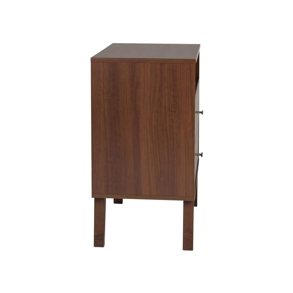 Cherry Wood and Brass Mid-Century Modern Nightstand with Open Shelf