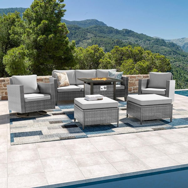 6-Pieces Patio Conversation Set with 28 in. Fire Pit Table and Swivel Rocking Chairs, Gray Wicker Linen Gray Cushion