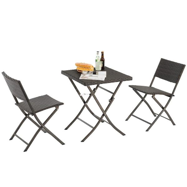 Unbranded 3-Piece Foldable Rattan Wicker Outdoor Bistro Set with Folding Table and 2-Chairs