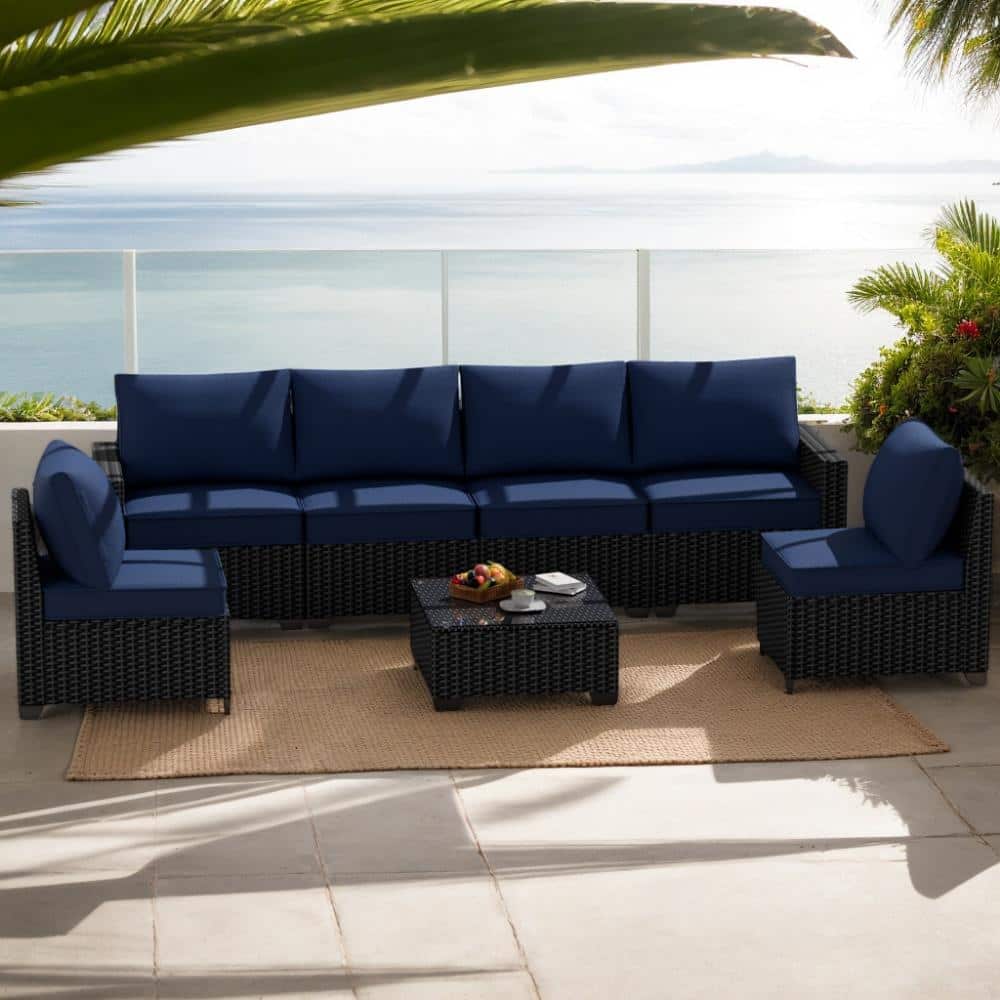 Dark Coffee Rattan Dark Blue Fabric Outdoor 7-piece Patio Coversation set with Coffee Table Waterproof price history on PriceWatchPro