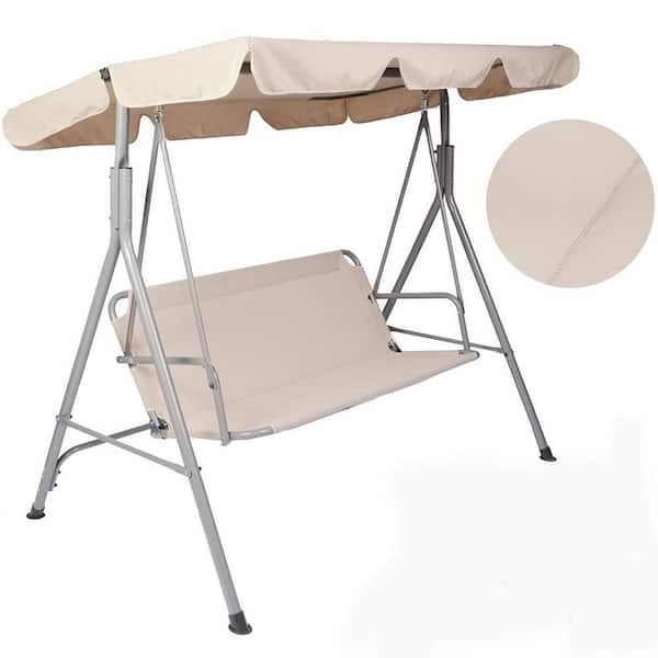 Cisvio Metal 3 Person Outdoor Porch Patio Swing Chair with Stand and Waterproof Canopy All Weather Resistant Swing Bench; Beige
