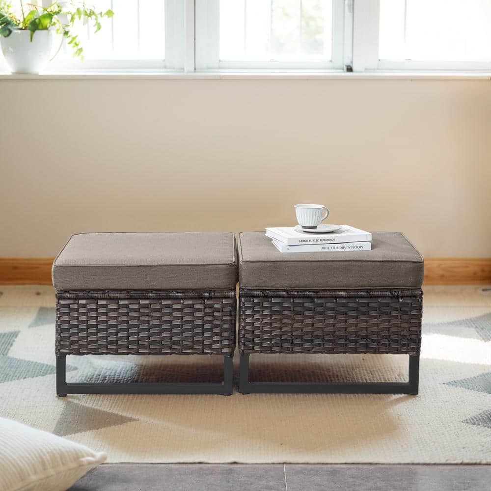 U-Weave Metal and Brown Wicker Outdoor Ottoman with Olefin Gray Cushion (2-Pack) price history on PriceWatchPro