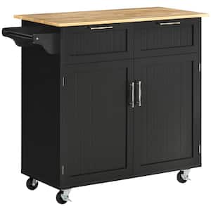 Black Rubber Wood 41 in. Modern Rolling Kitchen Island Utility Kitchen Cart Storage Trolley with 2 Drawers and Cabinet