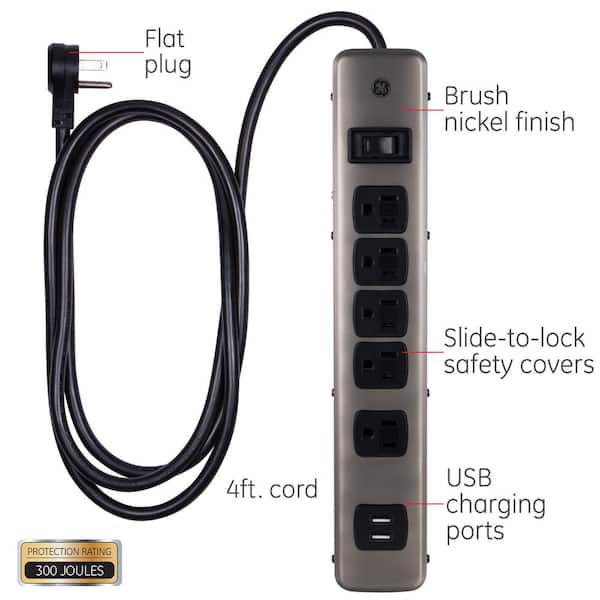 GE 5-Outlet 2-USB Port Surge Protector with 4 ft. Extension Cord, Brushed  Nickel 25428 - The Home Depot