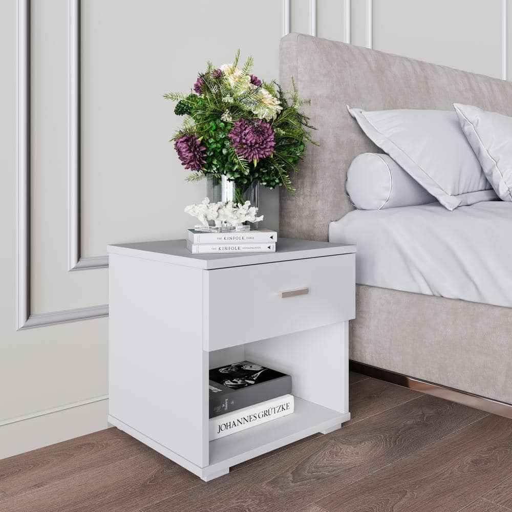 White MDF Modern Nightstand with Single Drawer and Storage Cubby