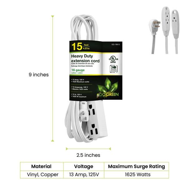thumbnail image 2 of Clear Power 15ft Indoor/Outdoor Extension Cord (2-Pack) - 16/3 SJTW, White, 3-Prong Grounded - CP10206X2 2 of 5