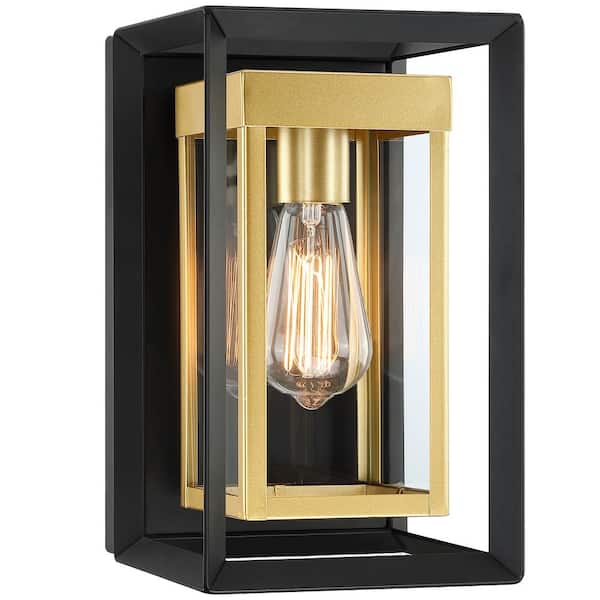 Pia Ricco 1-Light Black and Gold Double Box Industrial Outdoor Wall Sconce Lantern Fixture