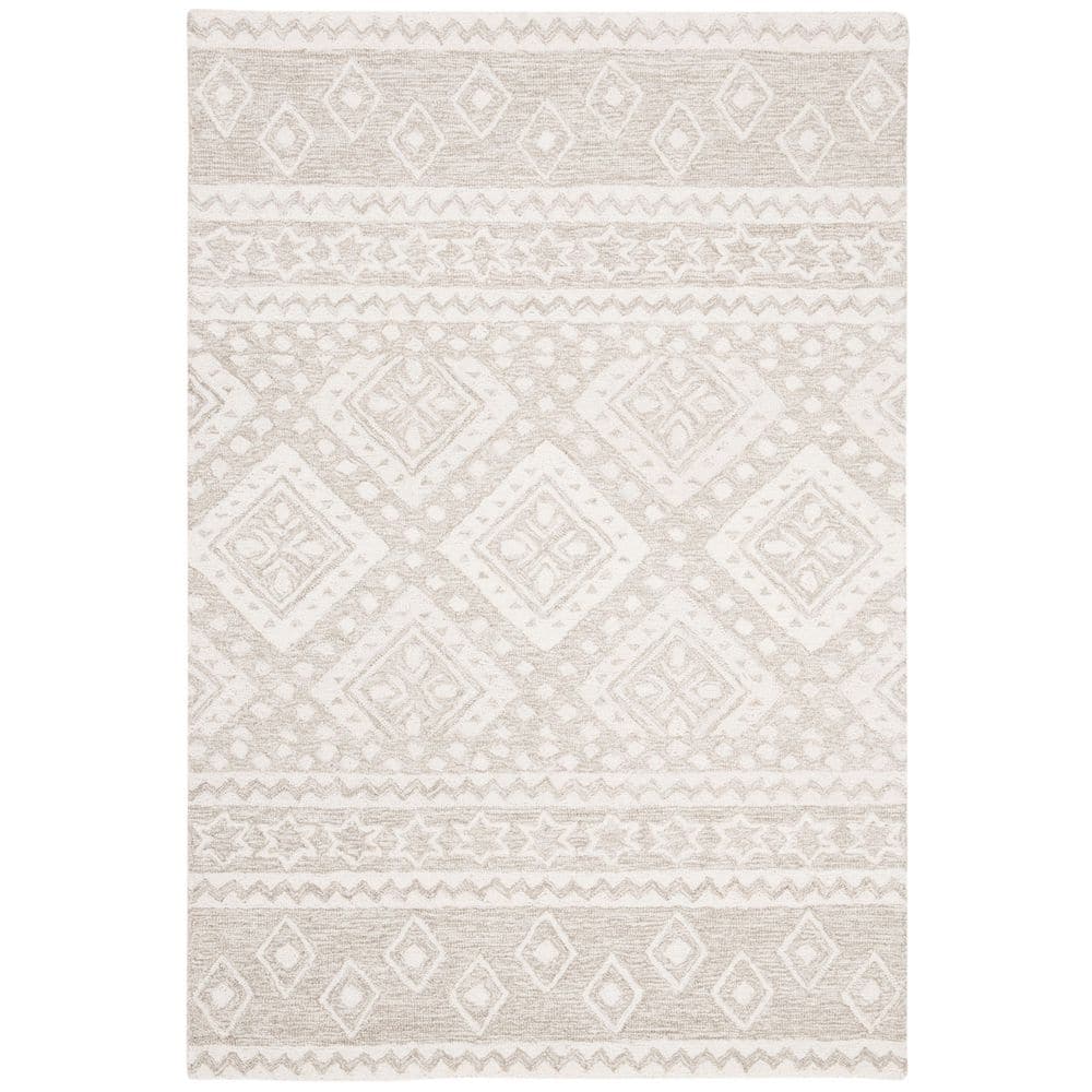Elegant Ivory Tufted Wool Rectangular Rug, Handmade Non-Slip Design