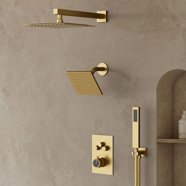 Thermostatic 7-Spray 12 in. and 6 in. Wall Mount Shower System with Hand Shower 2.5 GPM in Brushed Gold(Valve Included)