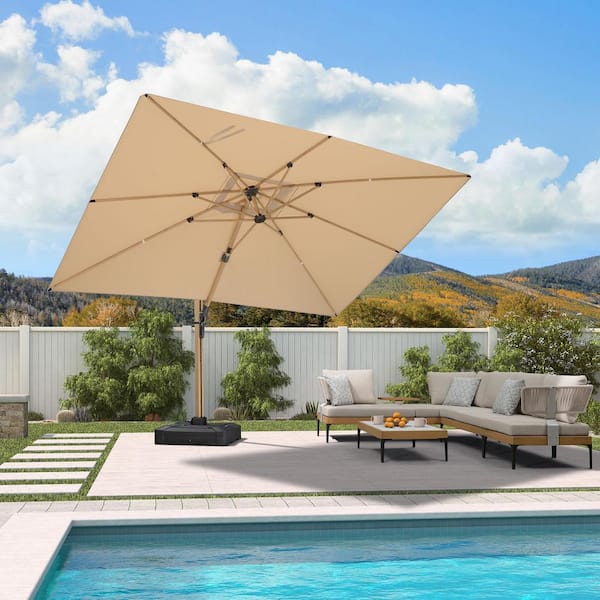 9 ft. x 12 ft. Outdoor Cantilever Patio Umbrella Teak Finished Offset 360° Rotation Umbrella with Base, Beige