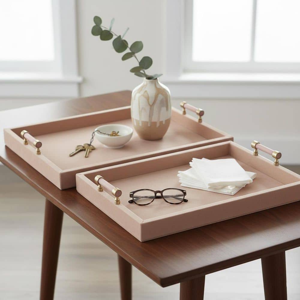 Ivory 17 in. and 20 in. Rectangle Wood Suede Decorative Trays (Set of 2)