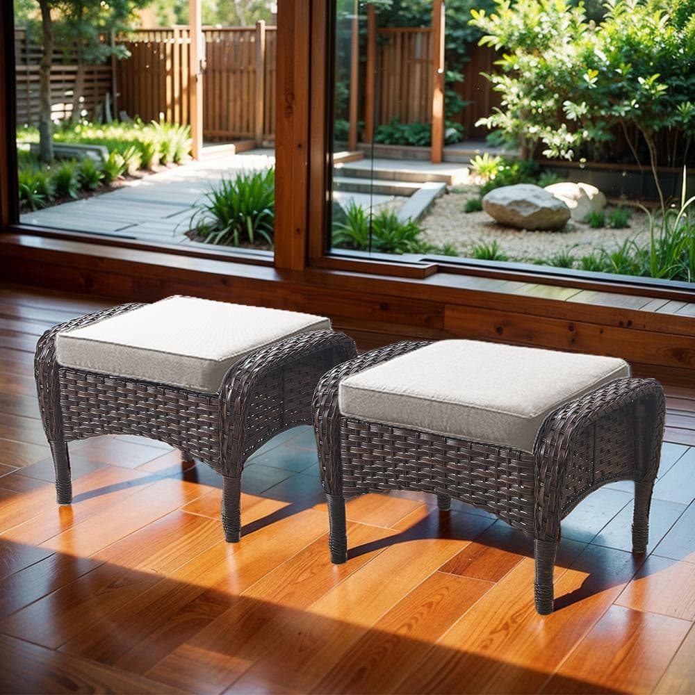 Brown Wicker Outdoor Ottoman for Patio (Set of 2) PE Wicker Steel Frame Outdoor Footstool with Beige Cushions price history on PriceWatchPro