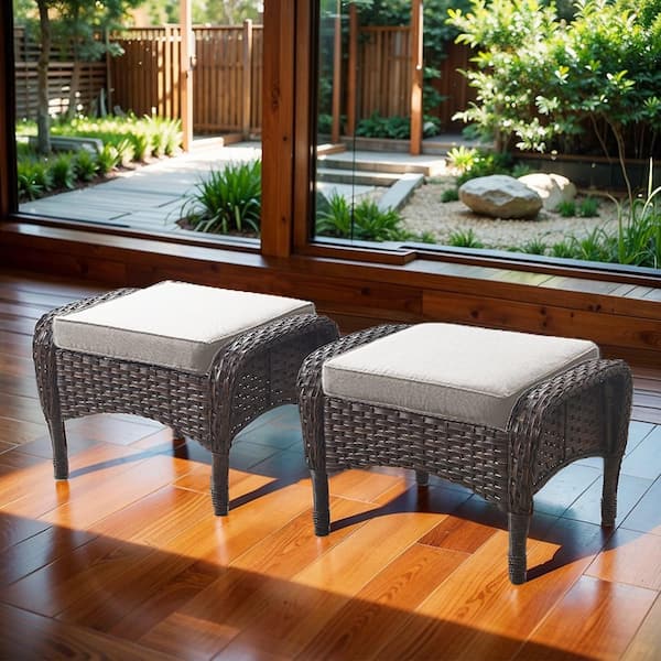 Brown Wicker Outdoor Ottoman for Patio (Set of 2) PE Wicker Steel Frame Outdoor Footstool with Beige Cushions