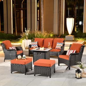 New Kenard Brown 6-Piece Wicker Patio Fire Pit Conversation Seating Set with Orange Red Cushions