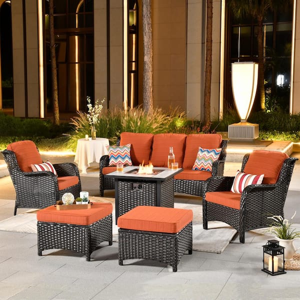 OVIOS New Kenard Brown 6-Piece Wicker Patio Fire Pit Conversation Seating Set with Orange Red Cushions