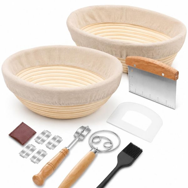 9 in. Round and 10 in. Oval Rattan Sourdough Proofing Basket Set with Bread Making Tools and Cloth Liners
