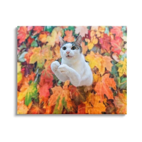 Stupell Industries Cat in Autumn Leaf Pile byKazutoshi Ono 1 Piece Unframed Graphic Print Animal Poster Art Print 20 in. x 16 in.