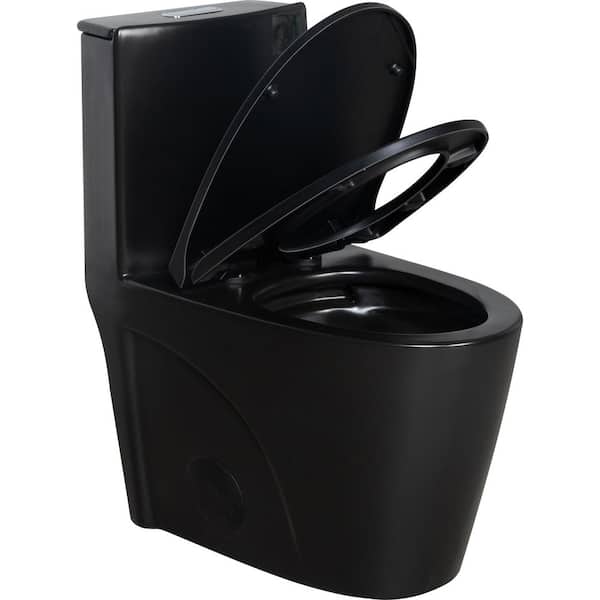 Oakley 12 inch 1-piece 1.1/1.6 GPF Dual Flush Water-Saving Elongated Toilet in Black Soft Closing Seat Included