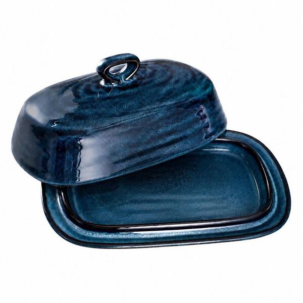 Navy Porcelain Butter Dish with Lid and Handle, Butter Keeper with Ridge for Countertop or Fridge, 7.3 in x 4.9 in