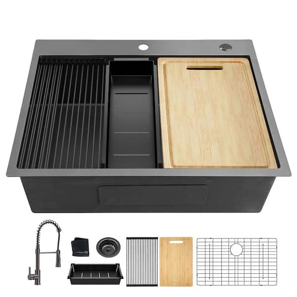32 in. Drop-in Single Bowl 18 Gauge Gunmetal Black Stainless Steel Kitchen Sink with Faucet and Bottom Grids,Drain Board