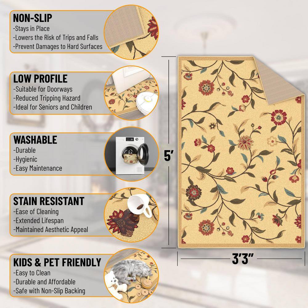 Beige Floral Leaves Design Washable Synthetic Area Rug