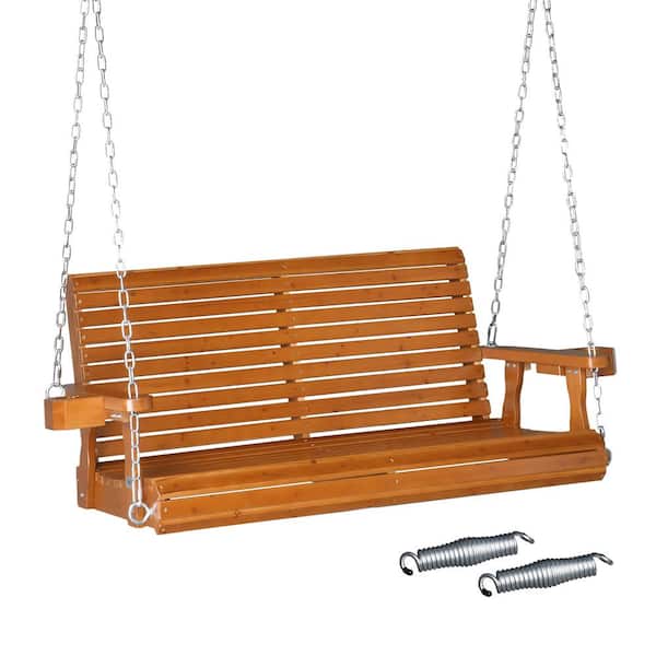 Karl home 2-Person Light Brown Upgraded Wood Porch Swing with Cup Holders and Chains