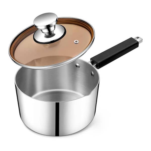 2-Piece Tri-Ply Stainless Steel Saucepan with Glass Lid Induction Compatible Heat-Proof Handle Set Silver