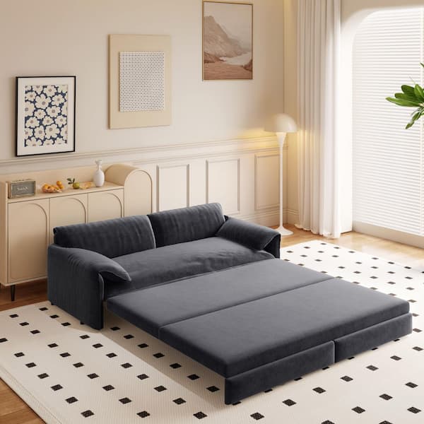 66 in. Gray White Velvet Queen Size Pull-Out Sofa Bed , 3-in-1 Convertible Sleeper Sofa with Side Storage