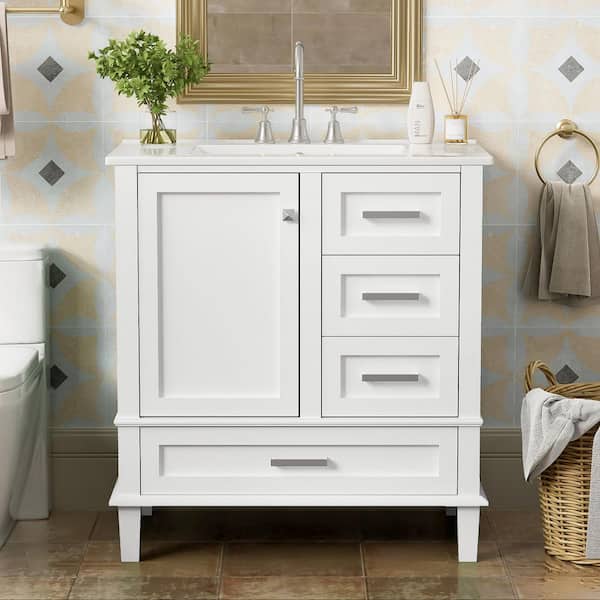 Polibi 30 in. W x 18 in. D x 34 in. H Bath Vanity in White with Soft Closing Door, Solid Wood Frame and 3-Drawers