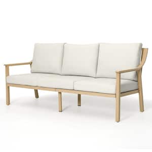 3-Seat Natural Wood -Grain Aluminum Outdoor Sofa Couch with Beige Cushions