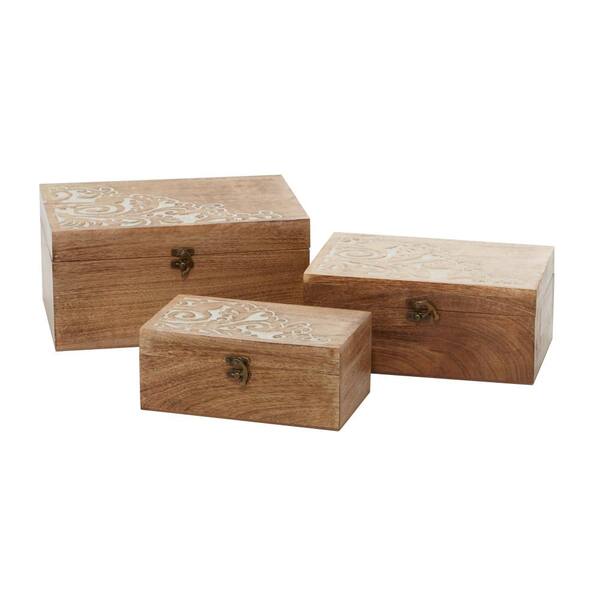 Litton Lane Rectangle Wood Floral Box with Hinged Lid (Set of 3)